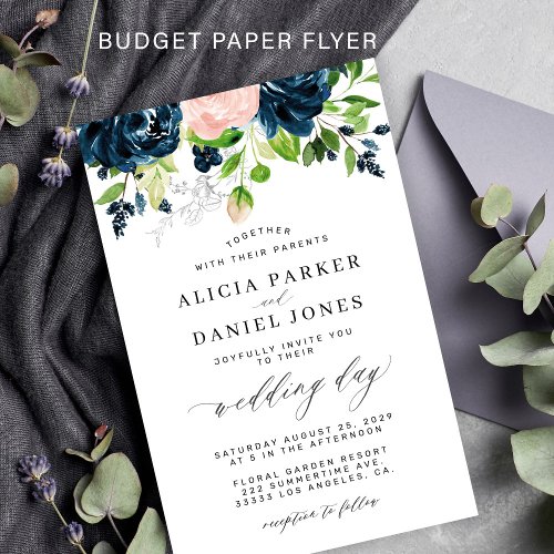 Budget navy pink elegant floral wedding invitation flyer