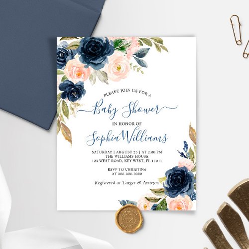 Budget Navy  Pink Floral Baby Shower Invitation