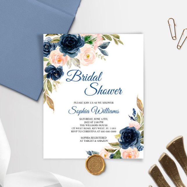 Budget Navy & Pink Floral Bridal Shower Invitation (Creator Uploaded)