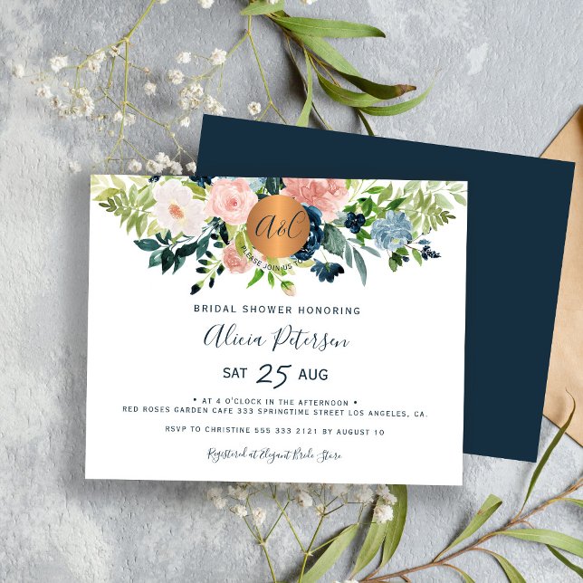 Budget navy pink floral bridal shower invitation (Creator Uploaded)