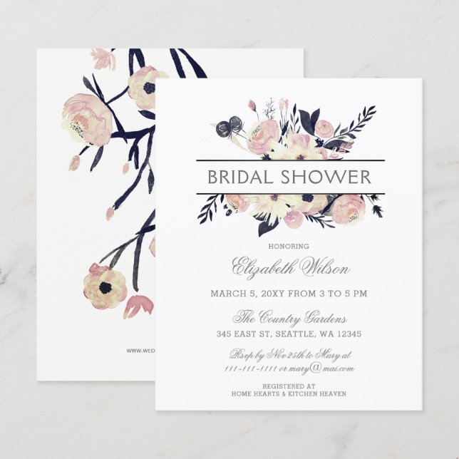 Budget Navy Pink Floral Bridal Shower Invitation (Front/Back)