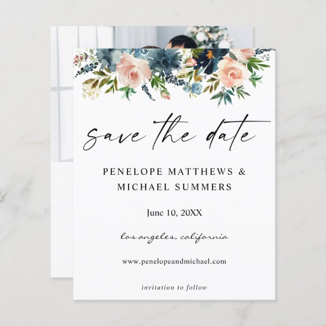 Budget Navy & Pink Floral Save the Date V2 Photo (Front/Back)