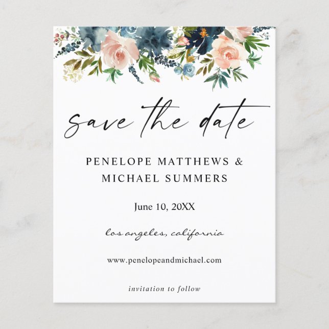 Budget Navy & Pink Floral Save the Date V2 Photo Flyer (Front)