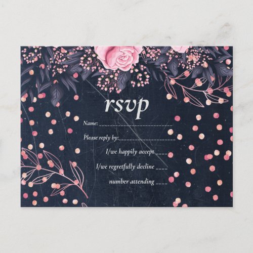 BUDGET Navy Pink Rosegold Wedding Floral Invitation Postcard