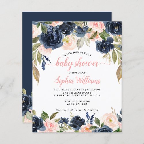 Budget Navy  Pink Roses Baby Shower Invitation