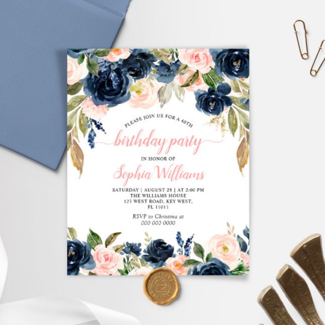 Budget Navy & Pink Roses Birthday Party Invitation (Creator Uploaded)
