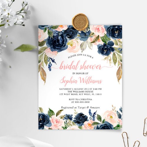 Budget Navy  Pink Roses Bridal Shower Invitation