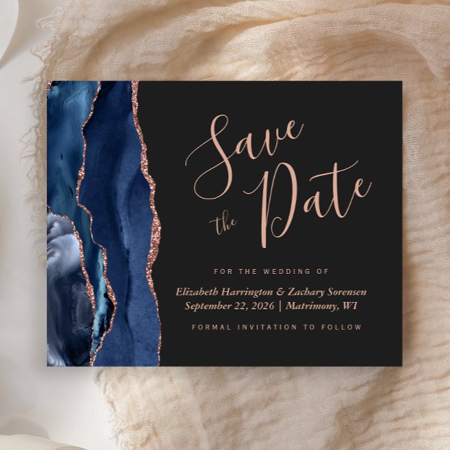 Budget Navy Rose Gold Agate Dark Save the Date (Creator Uploaded)
