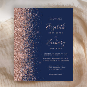 Budget Navy Rose Gold Glitter Wedding Invitation