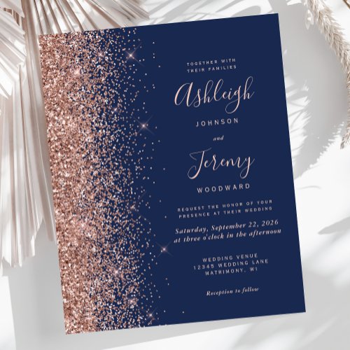 Budget Navy Rose Gold Glitter Wedding Invitation