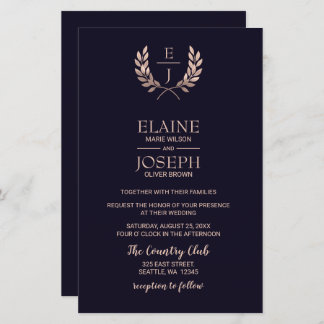 Budget Navy Rose Gold Monogram Wedding Invitations