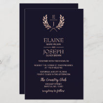 Budget Navy Rose Gold Monogram Wedding Invitations