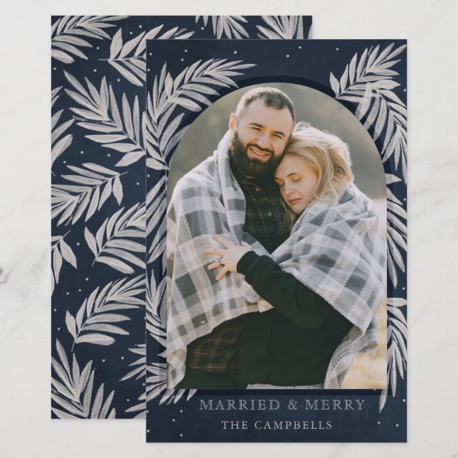 Budget Navy Silver Arch Botanical Holiday Card (Front/Back)