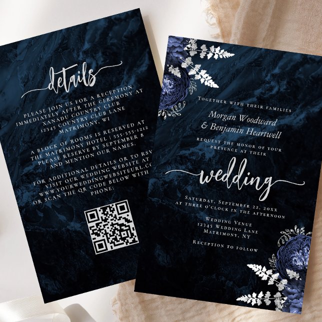 Budget Navy Silver Floral QR Code Wedding Invite (Creator Uploaded)