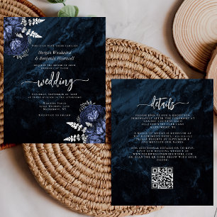 Budget Navy Silver Floral QR Code Wedding Invite