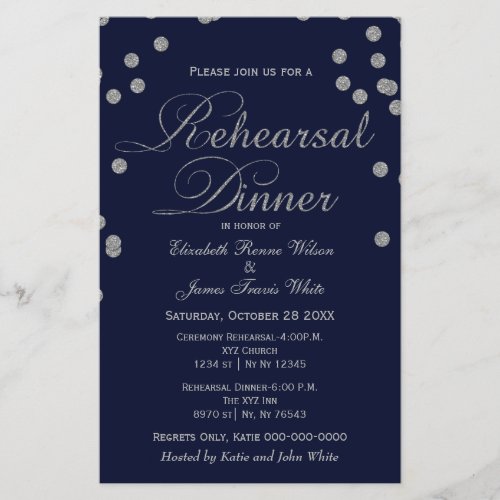 Budget Navy Silver Glitter Rehearsal Dinner invite