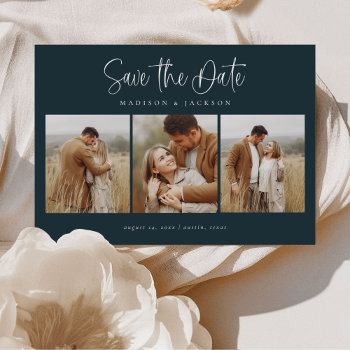 Budget Navy Simple Calligraphy Script Four Photo Save The Date by JAmberDesign at Zazzle