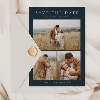 Budget Navy Simple Elegant Modern Four Photo Save The Date by JAmberDesign at Zazzle