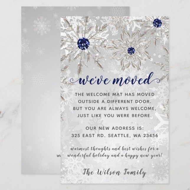Budget Navy Snowflakes We've Moved Holiday Cards (Front/Back)