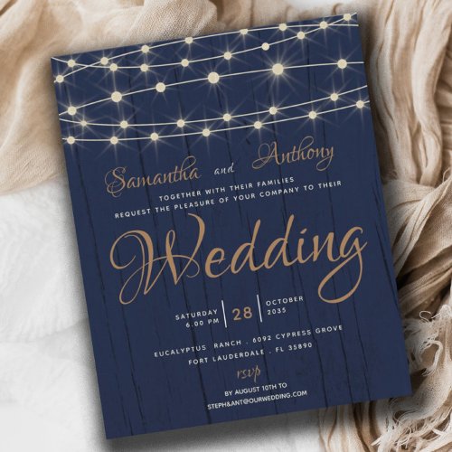 Budget Navy String Lights RSVP  Wedding Invitation