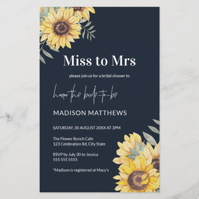 Budget Navy Sunflower Bridal Shower Invitation (Front)