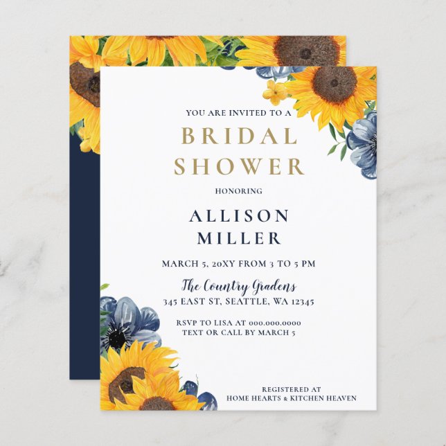Budget Navy Sunflower Bridal Shower Invitation (Front/Back)