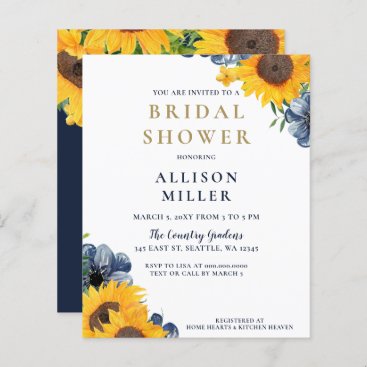 Budget Navy Sunflower Bridal Shower Invitation