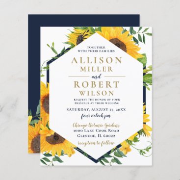 Budget Navy Sunflower Rustic Wedding Invitation