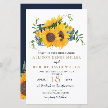 Budget Navy Sunflower Wedding Invitation