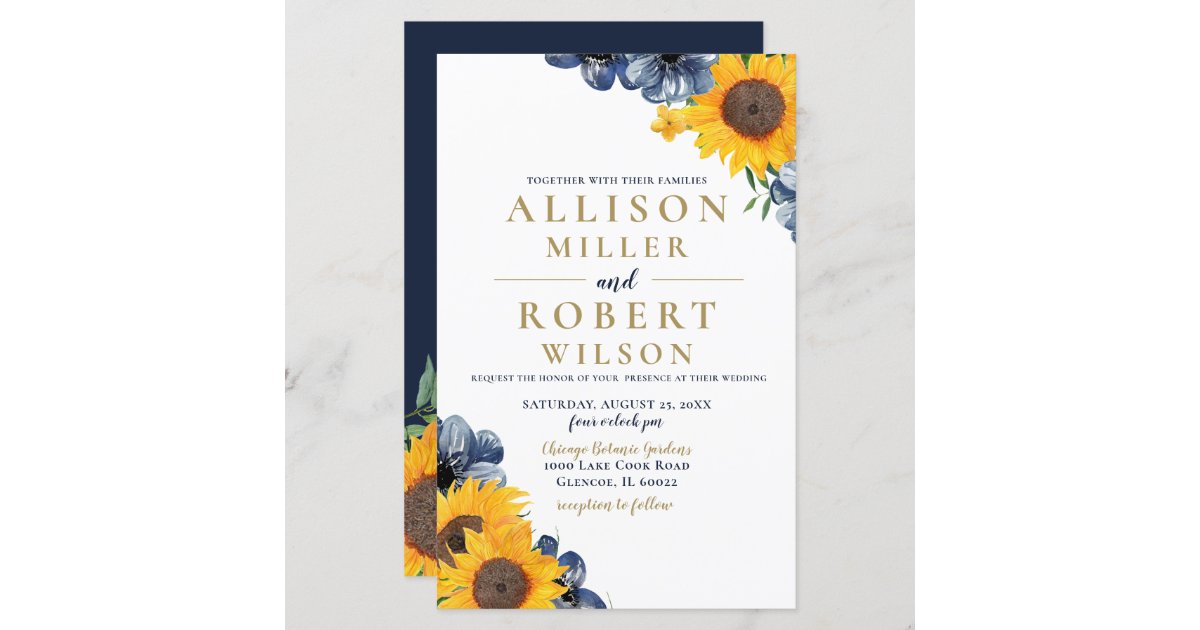 Navy Blue Monogram Wedding Invitation Template Botanical 