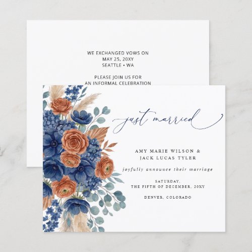 Budget Navy Terracotta Floral Wedding Announcement