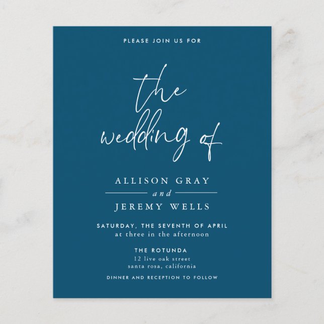 Budget Navy Wedding Invitation Flyer (Front)