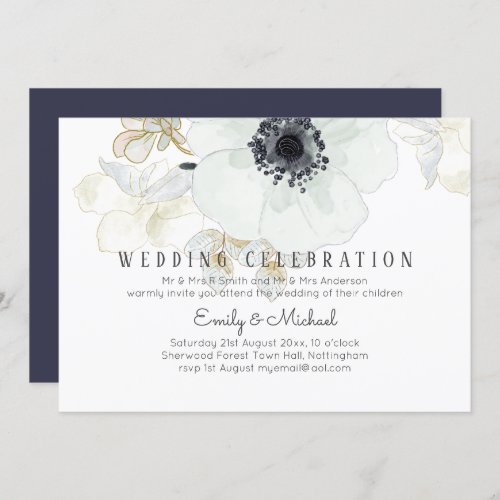 BUDGET Navy White Gold Floral Wedding Invite