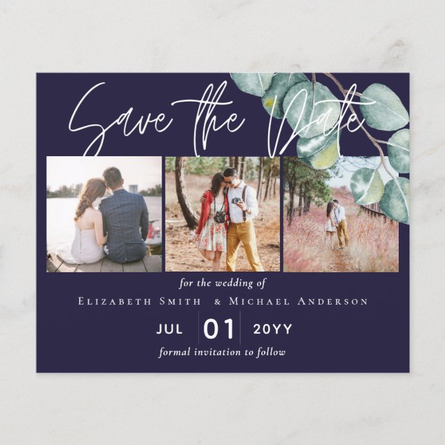 Budget NAVY White Sage Eucalyptus Save Dates PHOTO (Front)