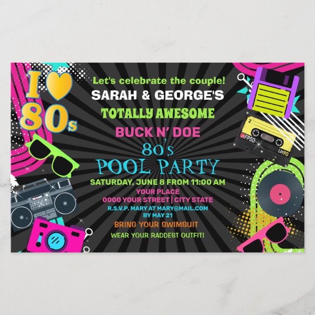 Budget Neon Fun 80s Pool party invitation (Front)