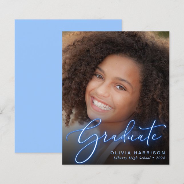 Budget Neon Photo Blue Graduation Announcement (Front/Back)