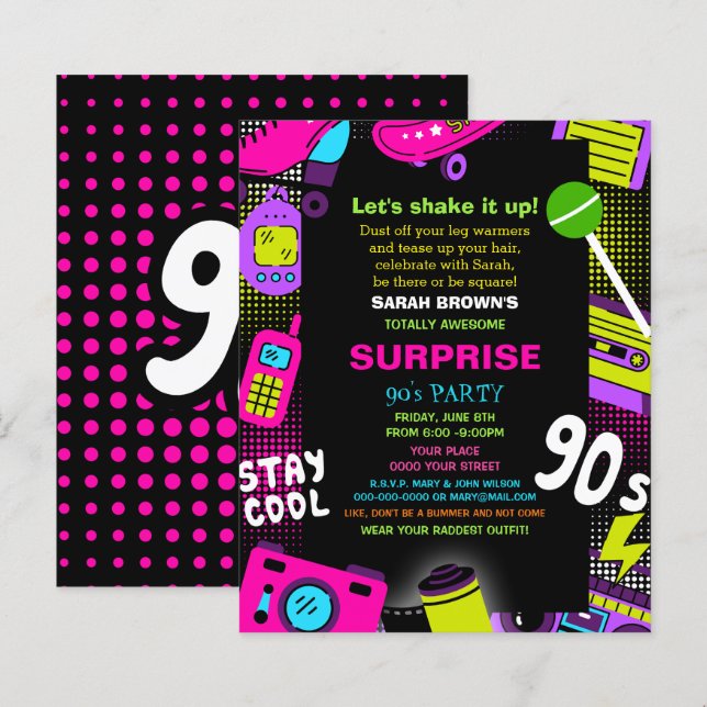 Budget Neon Retro 90s Birthday Party Invite (Front/Back)