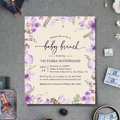 Budget Neutral Lilac Floral Baby Brunch Invitation