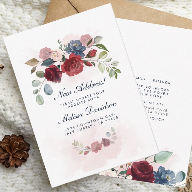 Budget New Address Floral Moving Announcement (Modern Floral Burgundy Change of Address Moving Announcement Card)