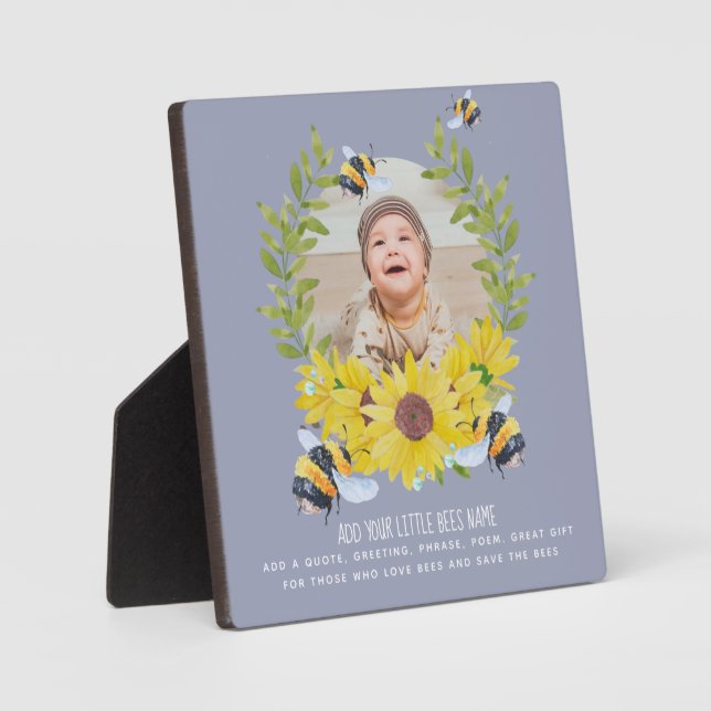 BUDGET New Baby PHOTO Gifts Sunflowers Bees BLUE Plaque (Front)
