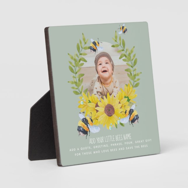 BUDGET New Baby PHOTO Gifts Sunflowers Bees GREEN Plaque (Front)