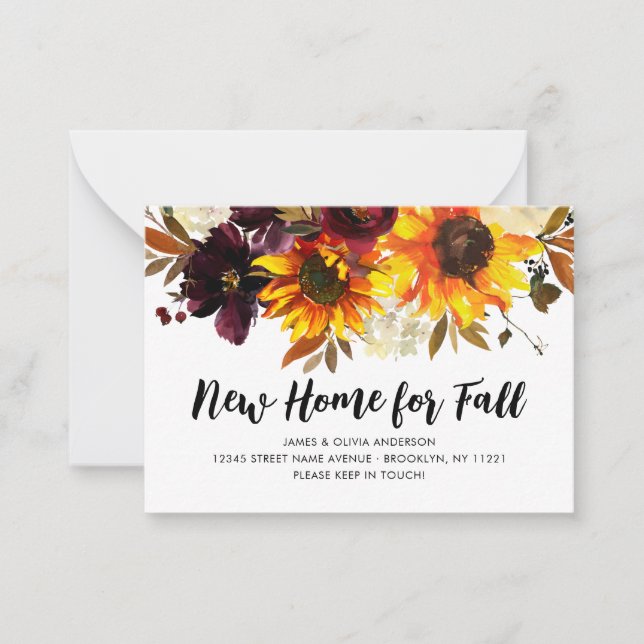 Budget New Home for Fall Autumn Sunflower Moving Note Card (Front)