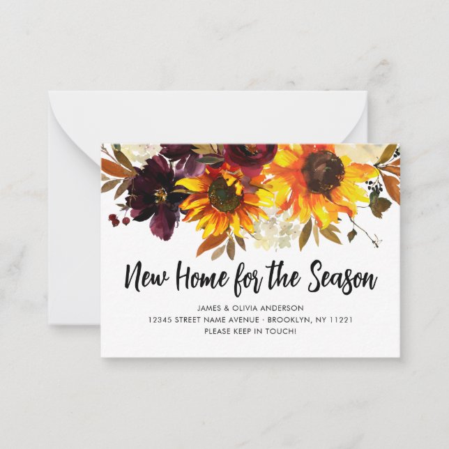 Budget New Home for Fall Season Sunflower Moving Note Card (Front)
