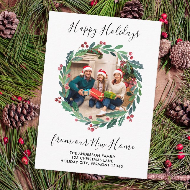 Budget New Home Greenery Photo Holiday Moving Note Card (Creator Uploaded)