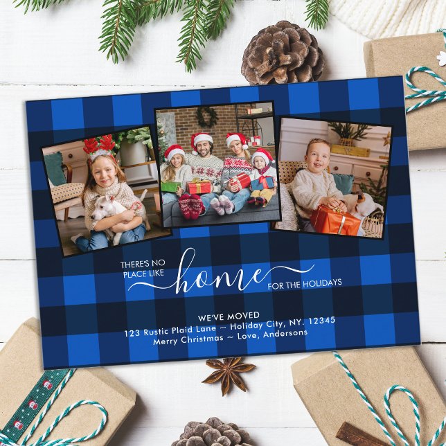 Budget New Home Holidays Blue Plaid 3 Photo Moving Note Card (Creator Uploaded)