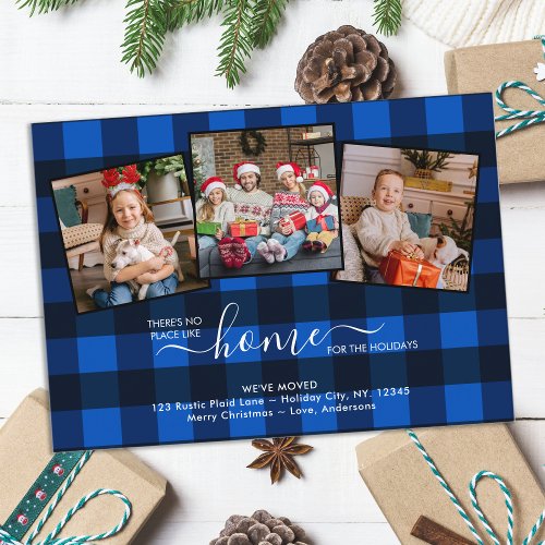 Budget New Home Holidays Blue Plaid 3 Photo Moving Note Card