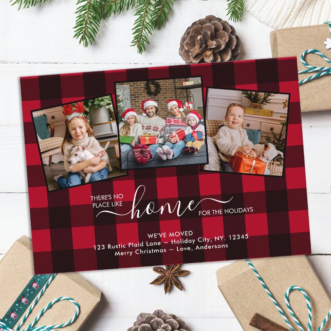 Budget New Home Holidays Red Plaid 3 Photo Moving Note Card (Creator Uploaded)