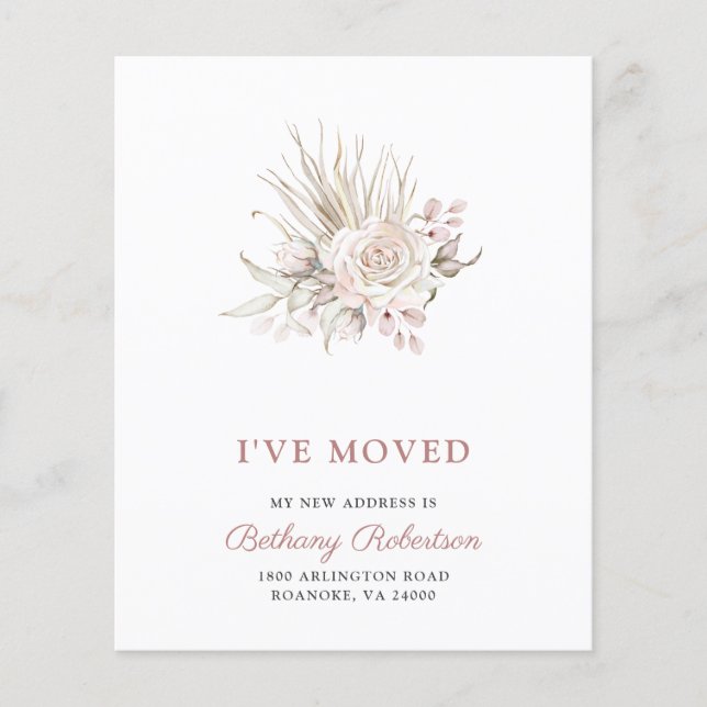 Budget New Home Pink Roses Eucalyptus Moving Card (Front)