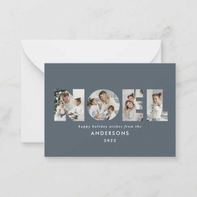 budget Noel Christmas bold 4 photo simple Holiday Note Card (Front)