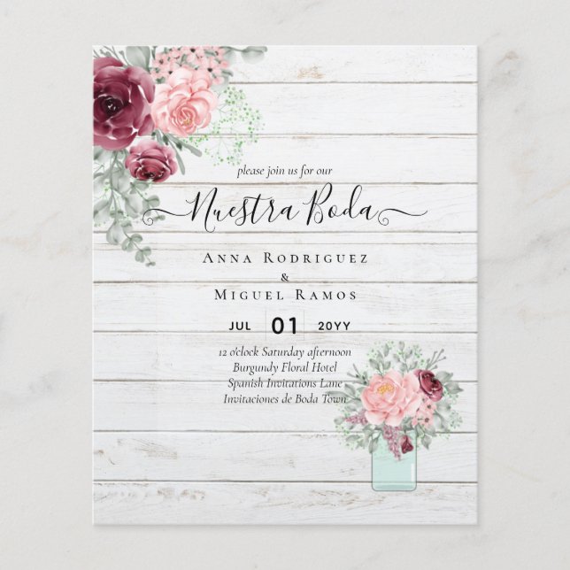 BUDGET Nuestra BODA Burgundy Pink Floral Wedding Flyer (Front)